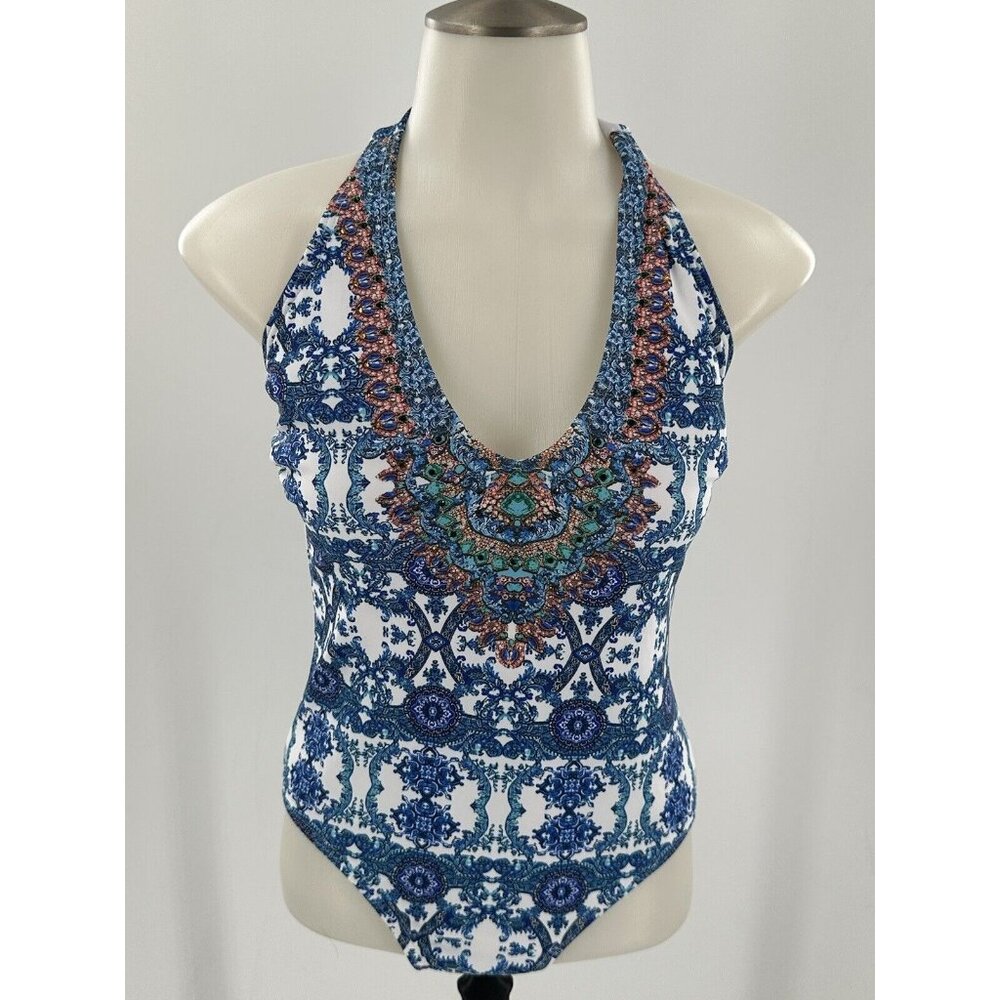 NWOT Venus One Piece Swim Suit Blue White Design Beaded Halter Size 6